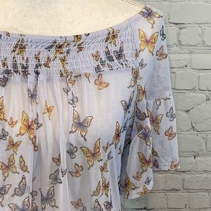 PERSEPTION CONCEPT Printed Sheer Off Shoulder Top Light Blue Butterfly Print- M